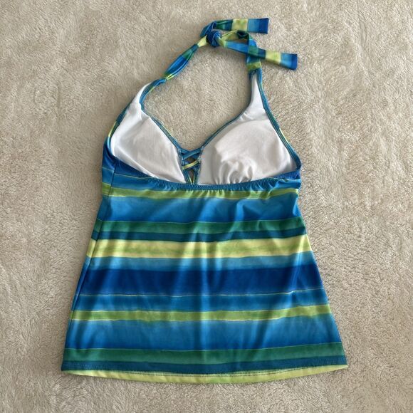 Nautica Tankini Top Size 8 Blue Green Striped Halter Swim Top Padded Cups - Picture 2 of 5